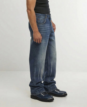 Smokey Blue Chunky Boots With Croco Textured Leather