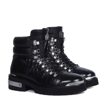 Metal Plate Black Lace-Up Chunky Boots in Croco Textured Leather with Zip Closure By Brune & Bareskin