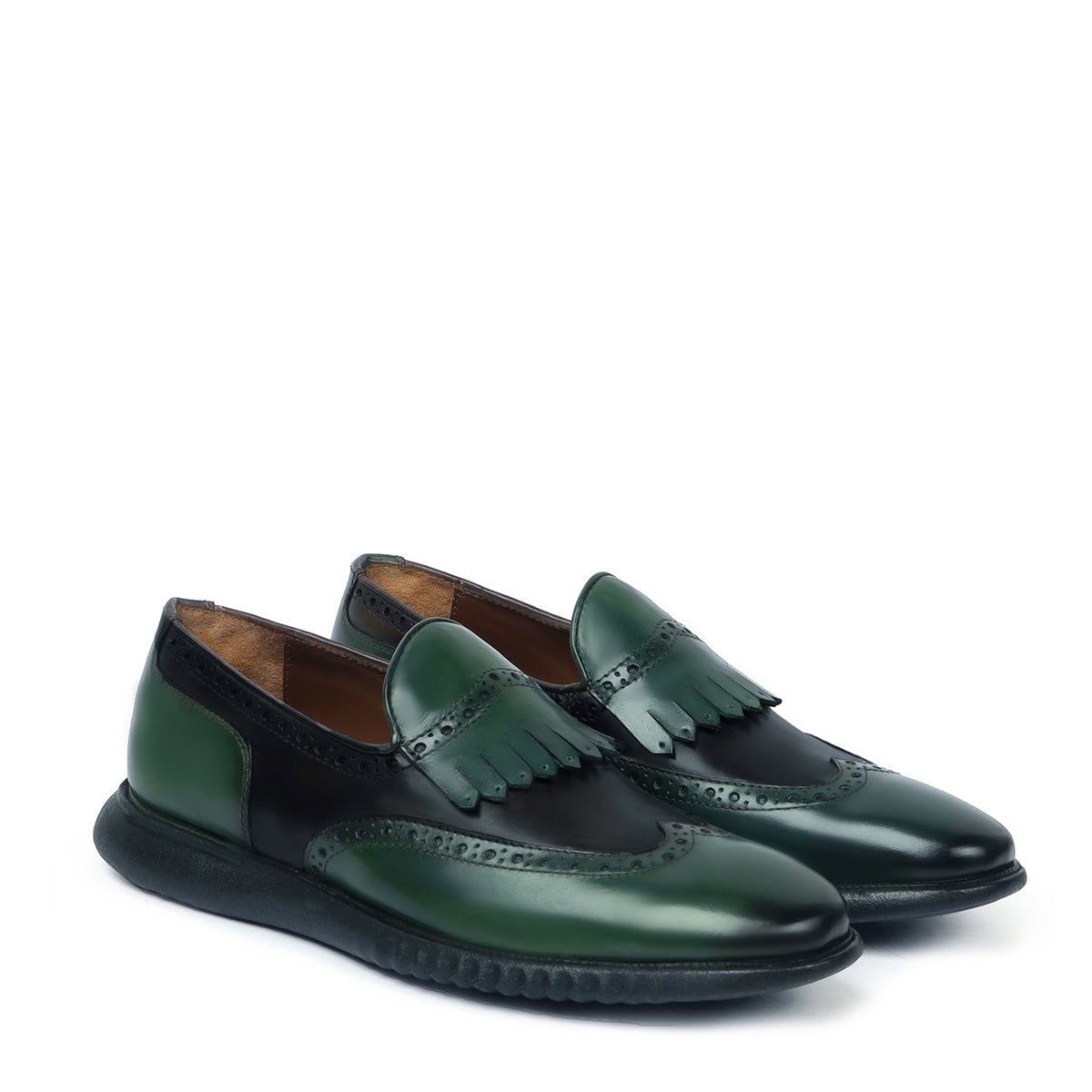 Dual Shade Light Weight Leather Loafer with Green-Dark Brown Wingtip Brogue Fringes