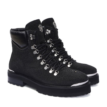 Chunky Boot With Exotic Black Stingray Fish Leather