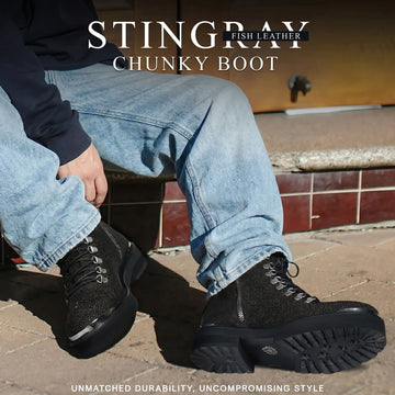 Chunky Boot With Exotic Black Caviar Stingray Fish Leather