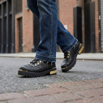 Premium Black Weaved Golden Detailing Leather Lightweight Chunky Boots