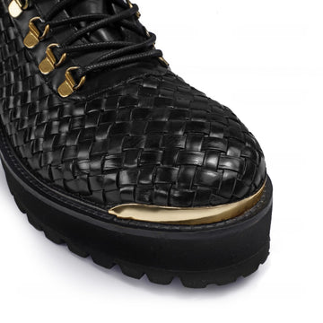 Premium Black Weaved Golden Detailing Leather Lightweight Chunky Boots