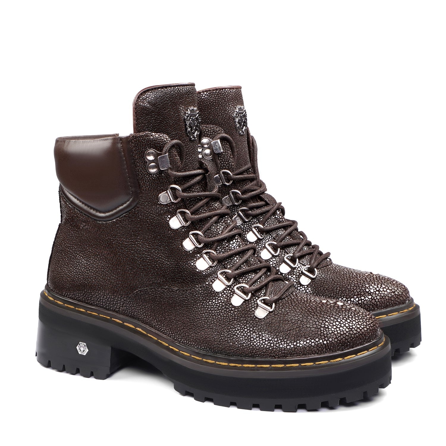 Chunky Boot With Stingray Fish Exotic Dark Brown Leather