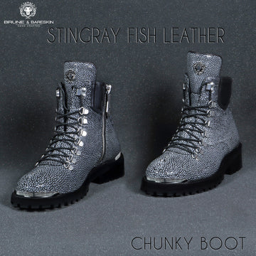 Chunky Boot With Stingray Fish Exotic Grey Leather