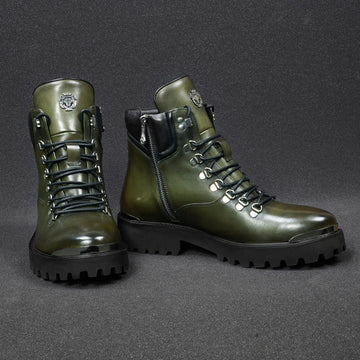 Olive Green Silver Detailing Lightweight Chunky Leather Boots