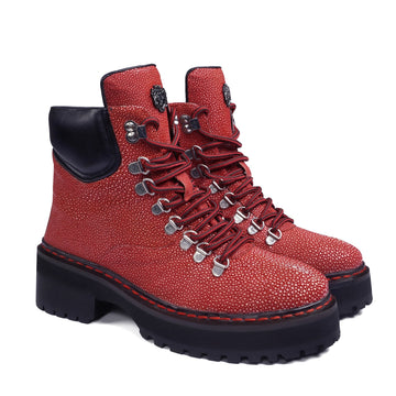 Luxury Chunky Boots in Exotic Red Stingray Leather