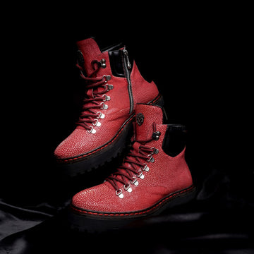 Luxury Chunky Boots in Exotic Red Stingray Leather