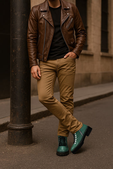 Chunky Boot With Stingray Fish Exotic Green Leather