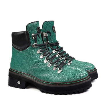 Chunky Boot With Stingray Fish Exotic Green Leather