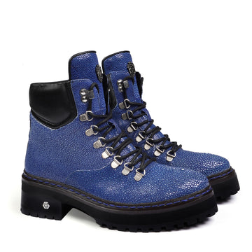 Chunky Boot With Stingray Fish Exotic Blue Leather