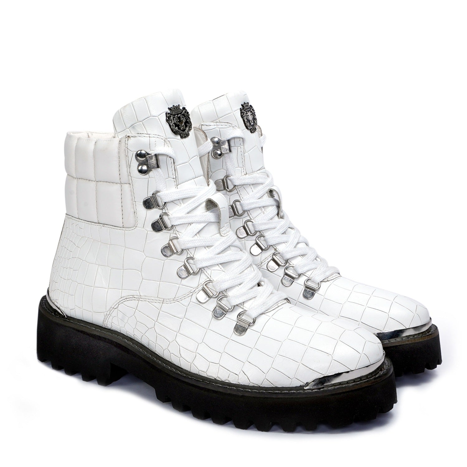 Lace-Up Chunky Boot with Metal Plate in White Deep Cut Leather