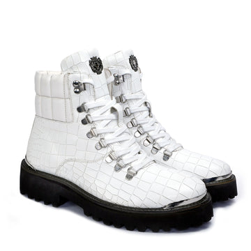 Lace-Up Chunky Boot with Metal Plate in White Deep Cut Leather