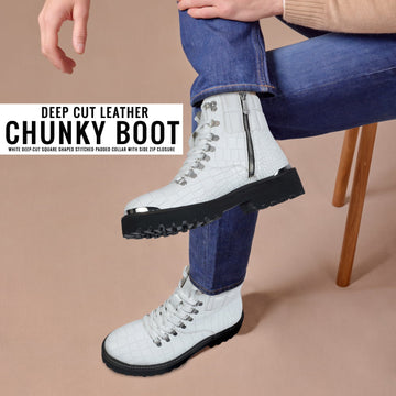 Lace-Up Chunky Boot with Metal Plate in White Deep Cut Leather