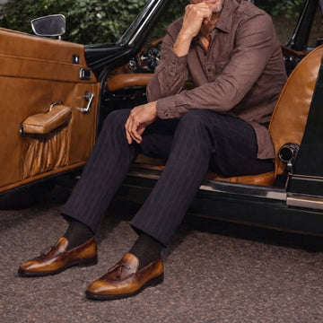 Rusty Look Yellow-Brown Leather Tassel Slip-On Shoes