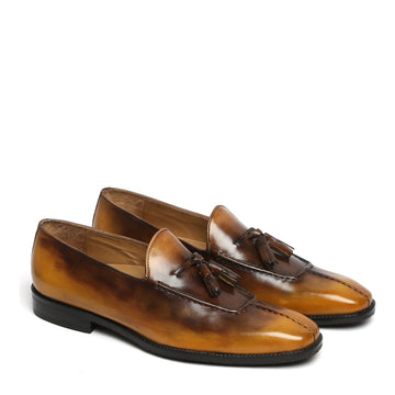 Rusty Look Yellow-Brown Leather Tassel Slip-On Shoes