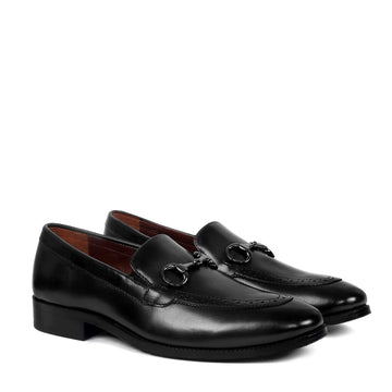 Punching Brogue Men's Loafers with Horse-bit Buckle Black Leather