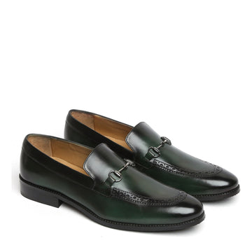 Horse-bit Detailing Leather Loafers with Green Punching Brogue Design