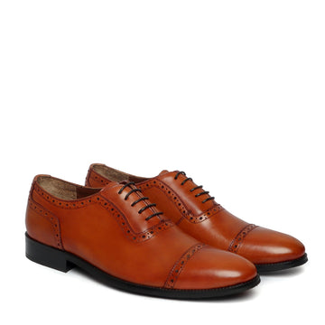 Tan Leather Punching Brogue Lines Oxford Lace-up shoes For men By Brune & Bareskin