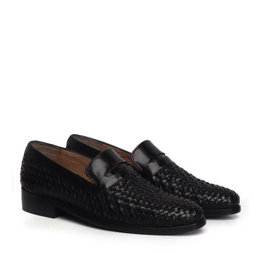 Black Weaved Design Leather Loafers