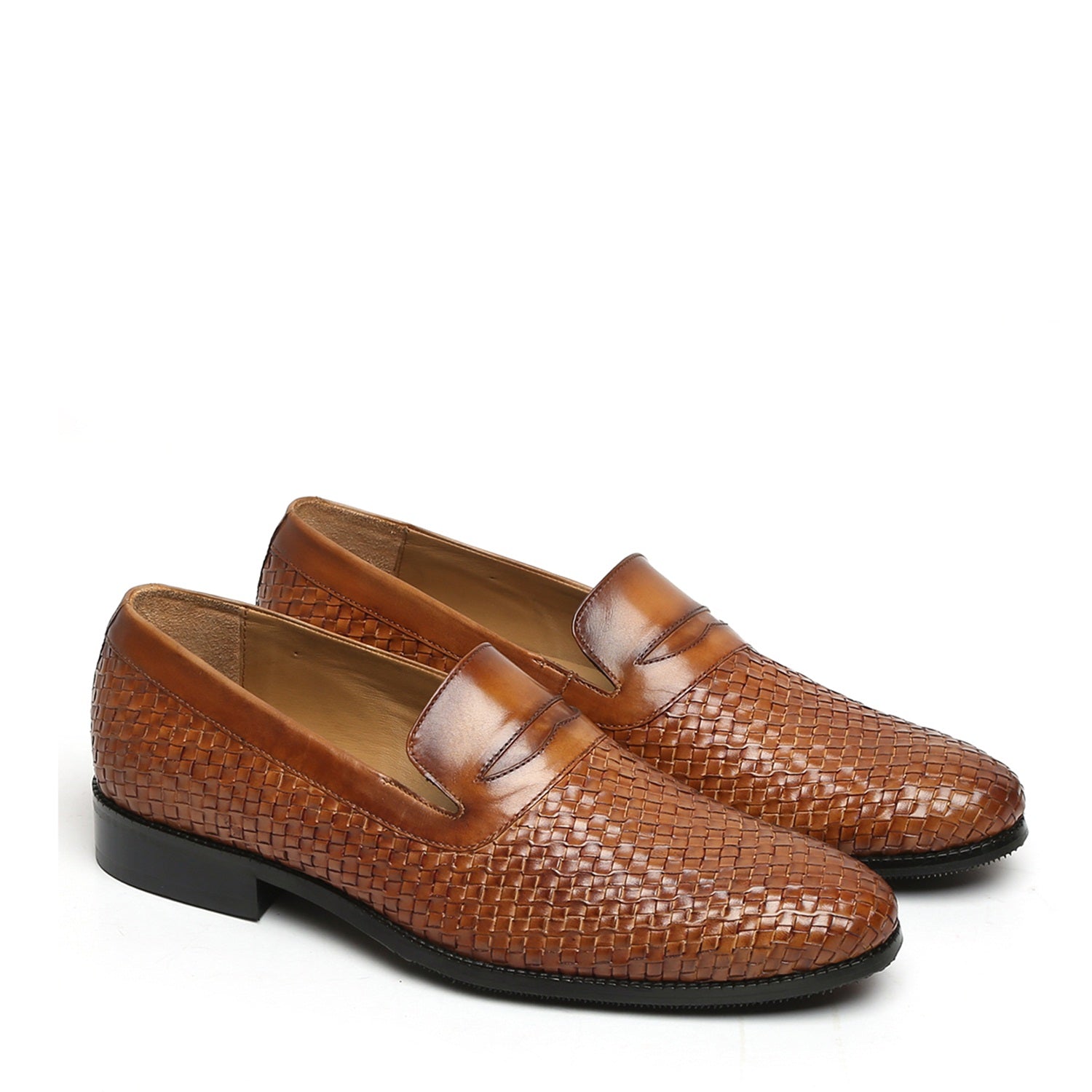 Tan Weaved Design Leather Loafers