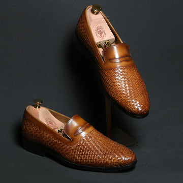 Tan Weaved Design Leather Loafers