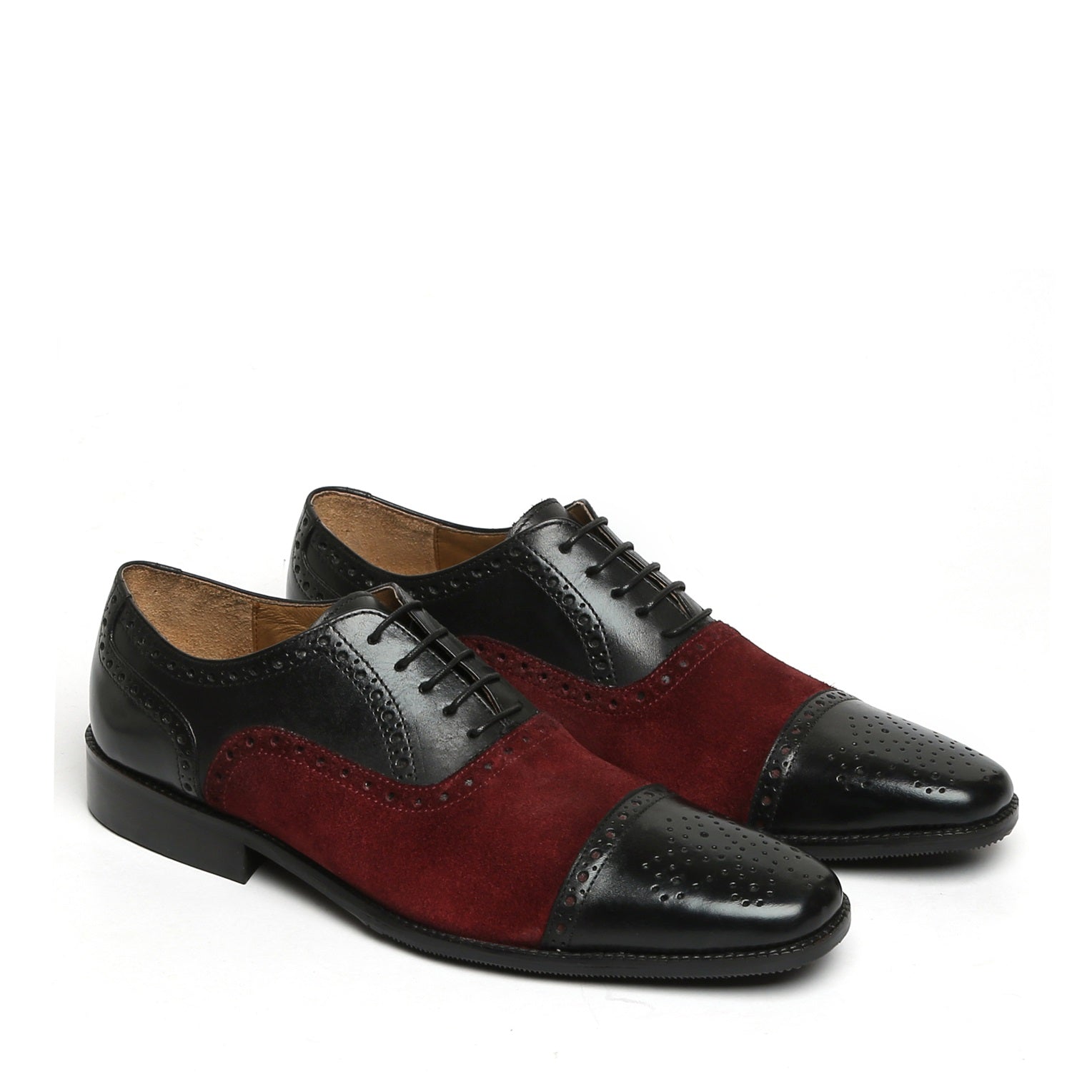 Black leather Oxford lace-up with dark red suede combination