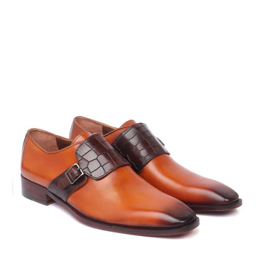 Single Monk Tan-Dark Brown Croco Leather Strap Shoes by Brune & Bareskin
