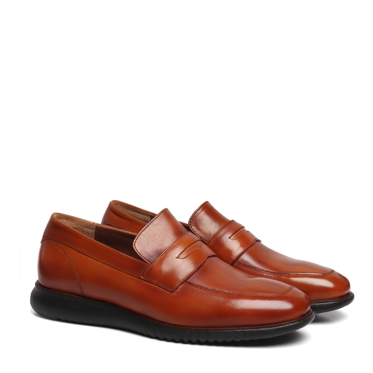 Light Weight Tan Leather Loafers with Black Sole