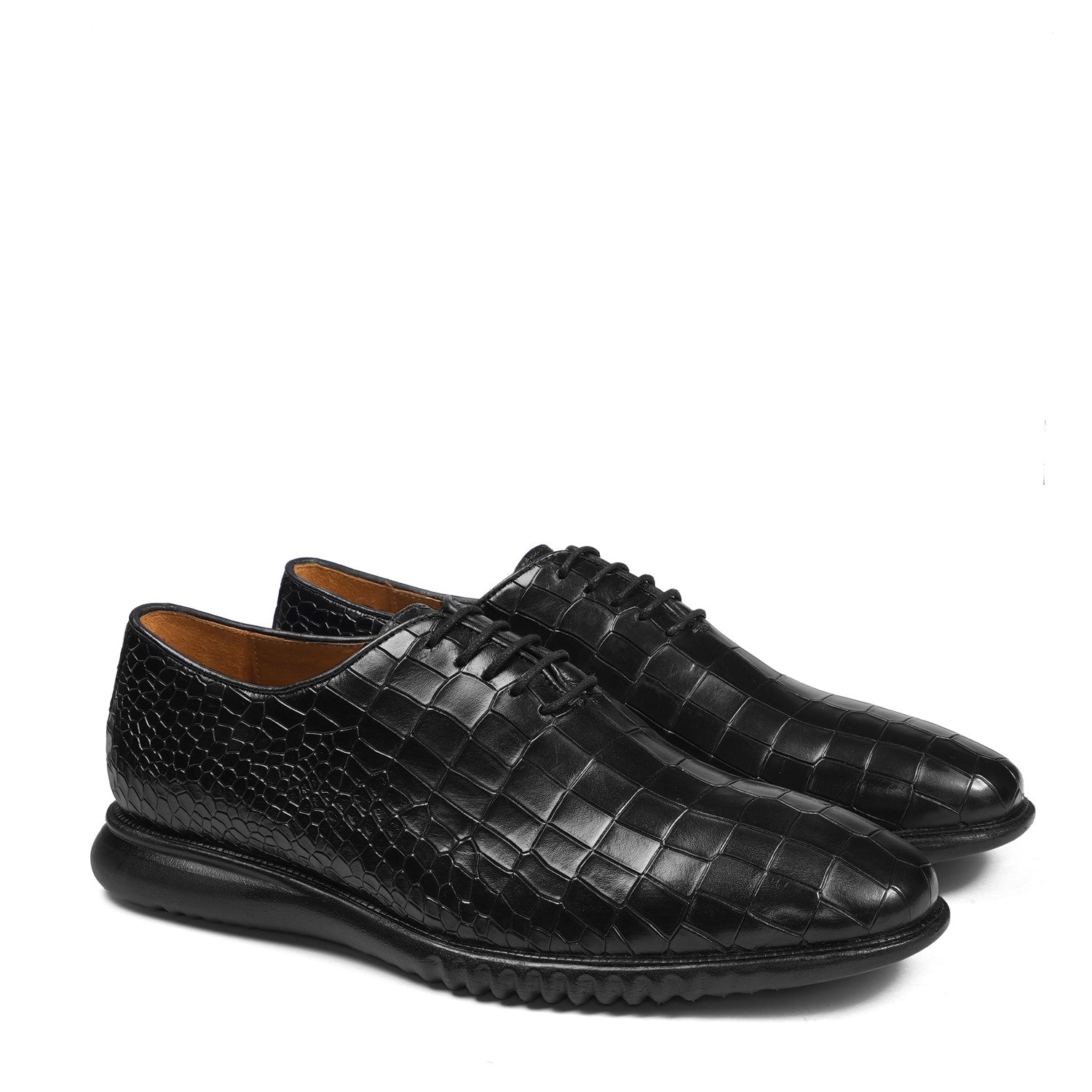 Black One Piece Deep Cut Croco Leather Oxford Lace-Up Sneakers With Sole