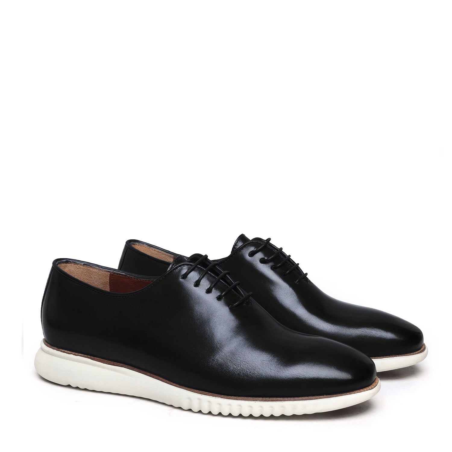 Black One Piece Leather Oxford Lace-Up Sneakers With Sole
