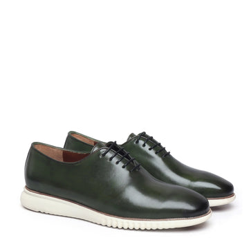 Green One Piece Leather Sneakers With Oxford Lace-Up Contrasting Sole