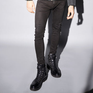 Light Weight Biker Boots in Black Deep Cut Croco Textured Leather with zipper Closure
