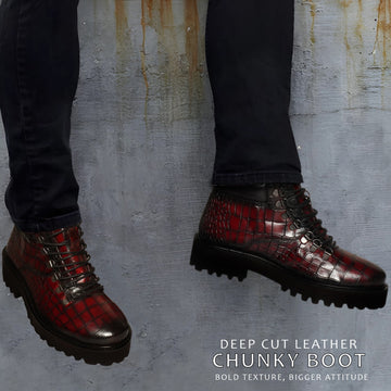 Smokey Wine Croco Embossed Light Weight Biker Boots