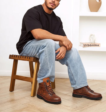 Hand Painted Doodle Art Tan Leather Light Weight Biker Boot for Men