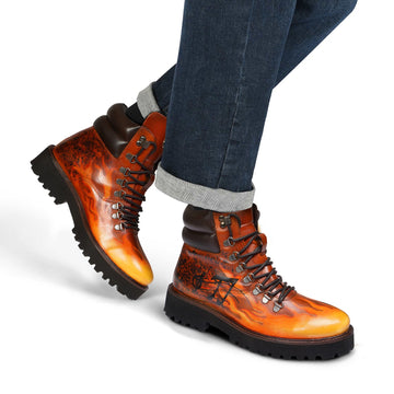 Light Weight Biker Boot for Men with Hand Painted Fire and Music Art Tan Leather
