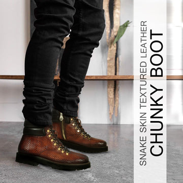 Tan Chunky Boot in Snake Skin Textured Leather