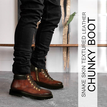 Tan Chunky Boot in Snake Skin Textured Leather