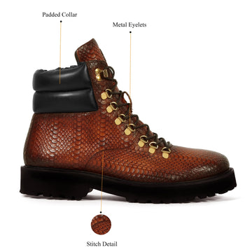 Tan Chunky Boot in Snake Skin Textured Leather