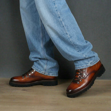 Tan Leather Light Weight Chunky Boot With Lace-Up Closure By Brune & Bareskin