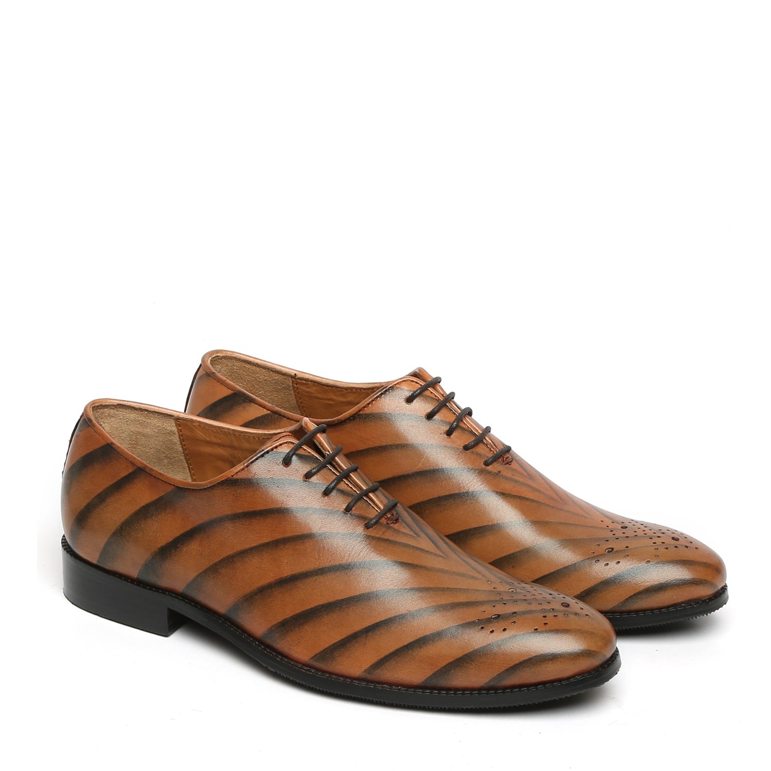 Tiger Print Tan Single Piece Leather Oxford Lace-Up Formal Shoe