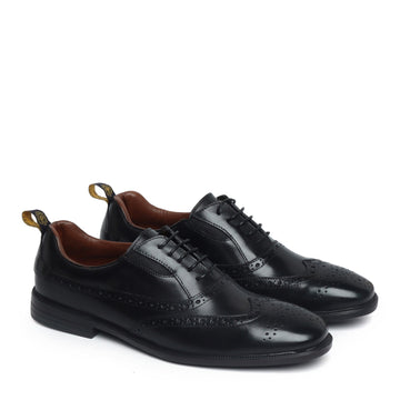 Black Leather Punching Brogue Oxford Lace-Up Shoe