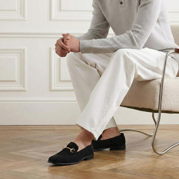 Brogue Detailing Men's Loafers in Black Suede Leather with Golden Horse-Bit Buckle