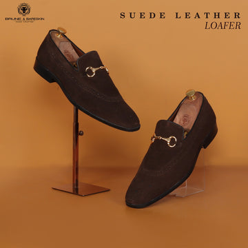 Brogue Detailing Men's Loafers in dark Brown Suede Leather with Golden Horse-Bit Buckle