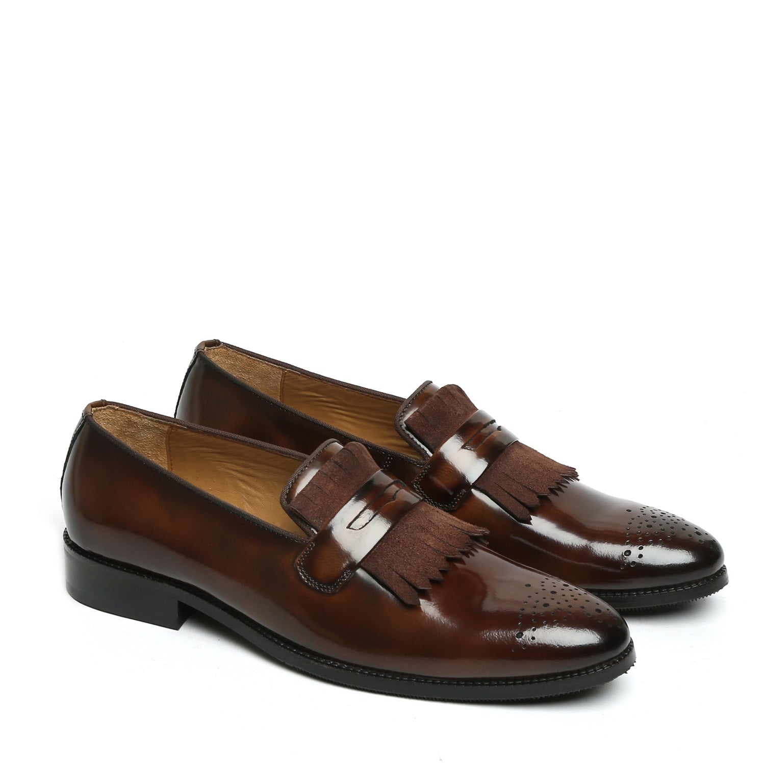 Patent Leather Slip-On Shoe With Dark Brown Suede Fringes