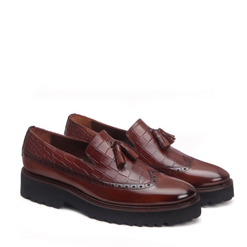 Brown Brush Off Croco Print Leather Slip-Ons Light Weight Tassel Shoes For Men By Brune & Bareskin