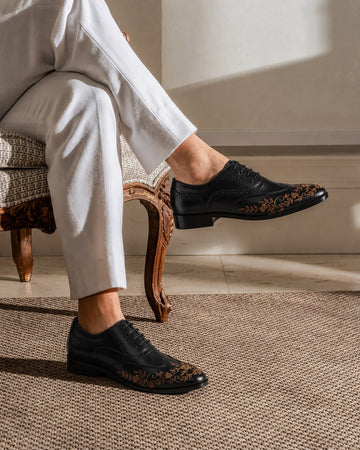 Black Leather Formal Shoes with Golden Zardosi Wingtip Toe