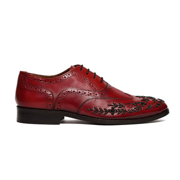 Red Leather Formal Lace-Up Shoes  Black Zardosi Wingtip Toe by Brune & Bareskin