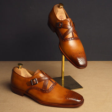 Tan Criss-Cross Leather Strap Brogue Design Shoes By Brune & Bareskin