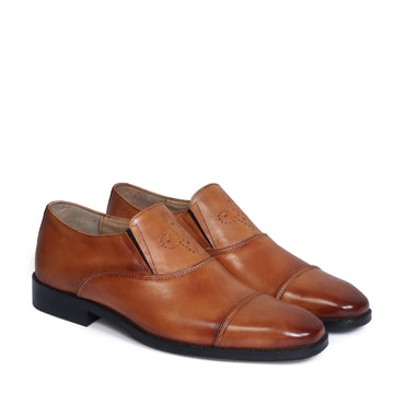 Tan Flattened Punching Cap Toe Leather Slip-Ons By Brune & Bareskin